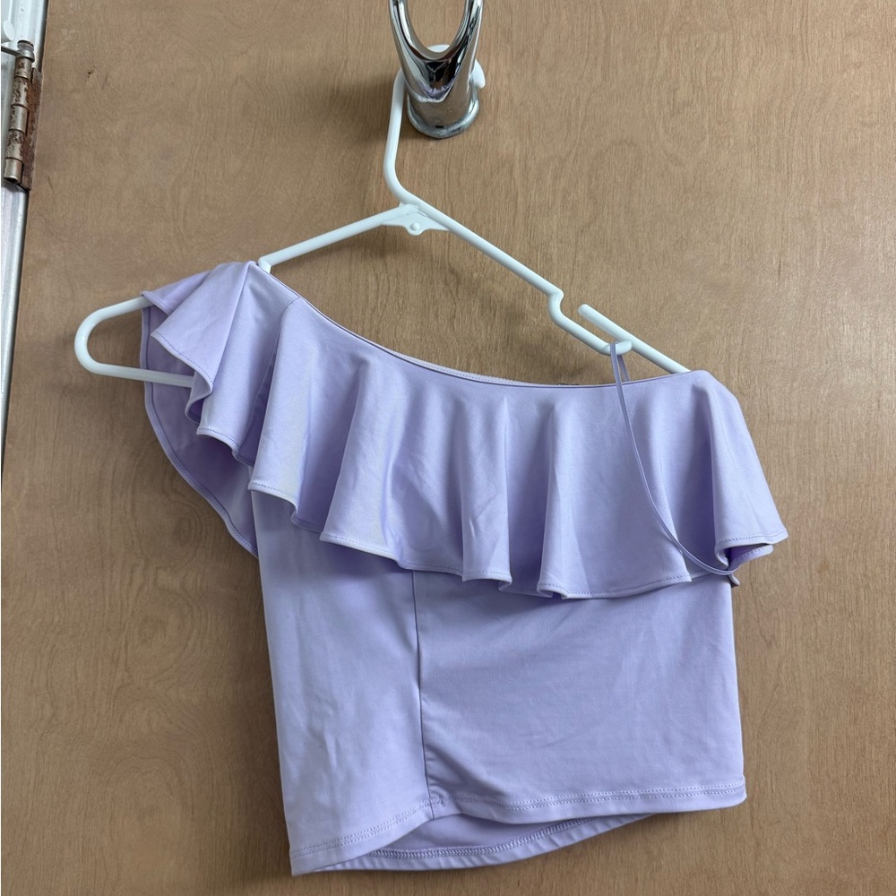 Express Lilac Off-Shoulder Ruffle Crop Top - Picture 3 of 3
